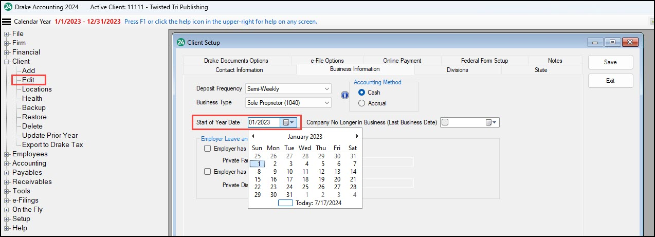 Image showing the Client Setup window where you can edit the start of year date.